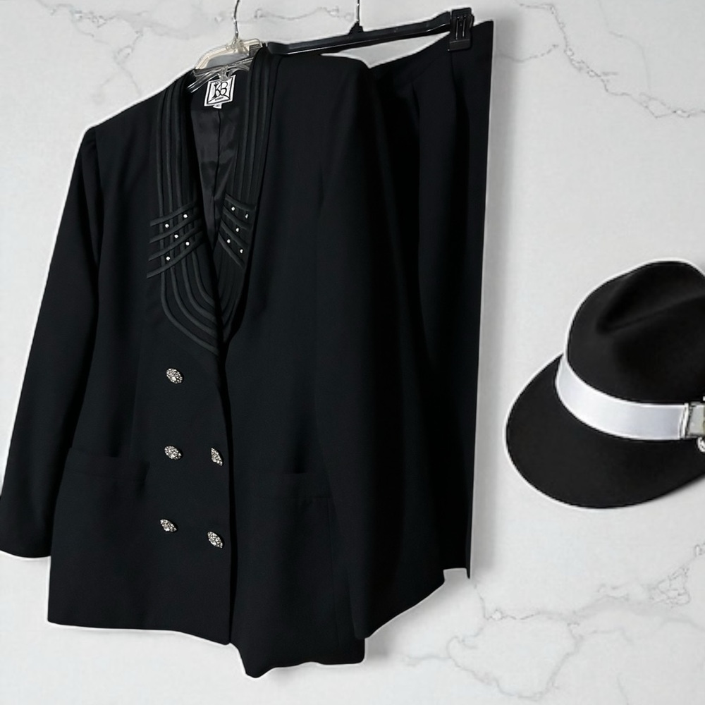 Katherine Bishop Women’s Elegant Black Skirt Suit Set Sz 16 Rhinestone Buttons